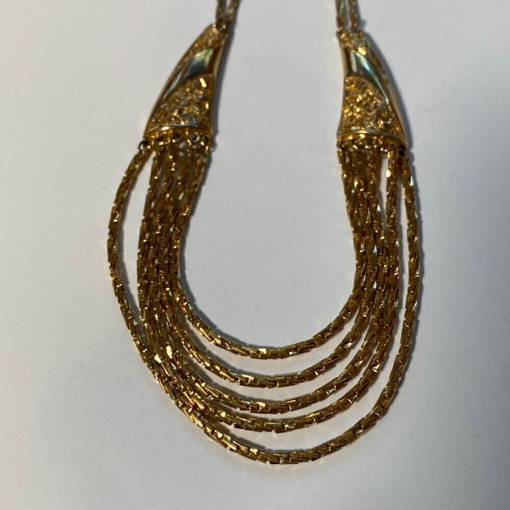 Vintage Crown Trifari Gold Tone Multi-Strand Bib Necklace | 15″ Signed Trifari © - Picture 6 of 9